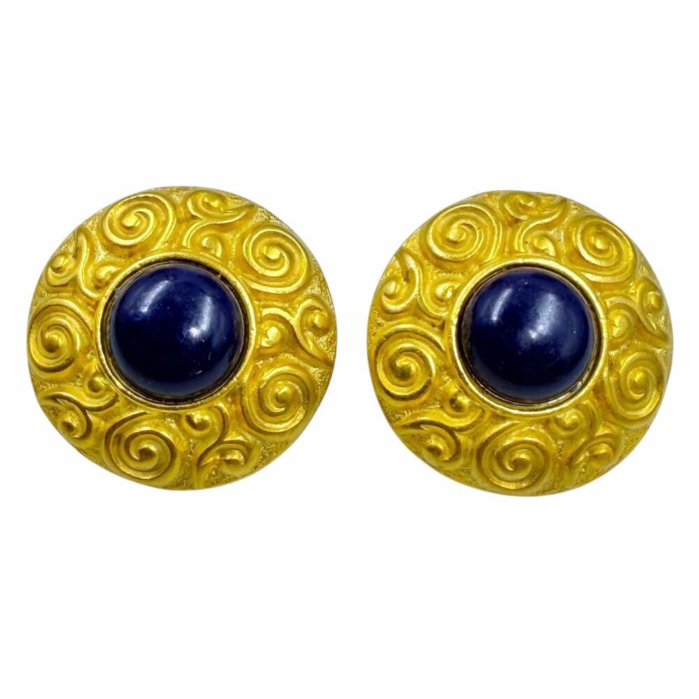 Vintage 80s Gold Swirl Blue Lapis Cabochon Button Post Earrings Etruscan Revival